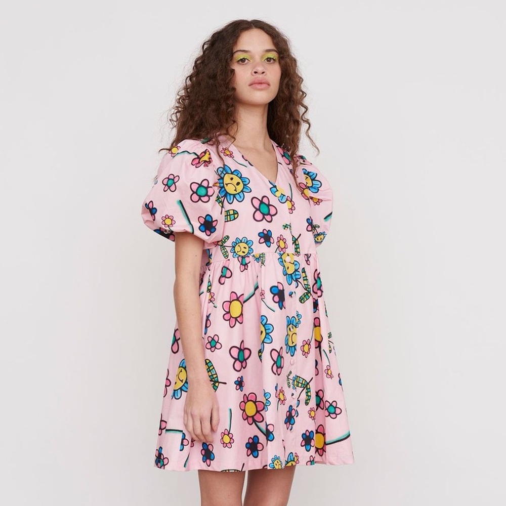 Gentle Thrills x Lazy Oaf Babydoll Dress with airbrushed flowers design